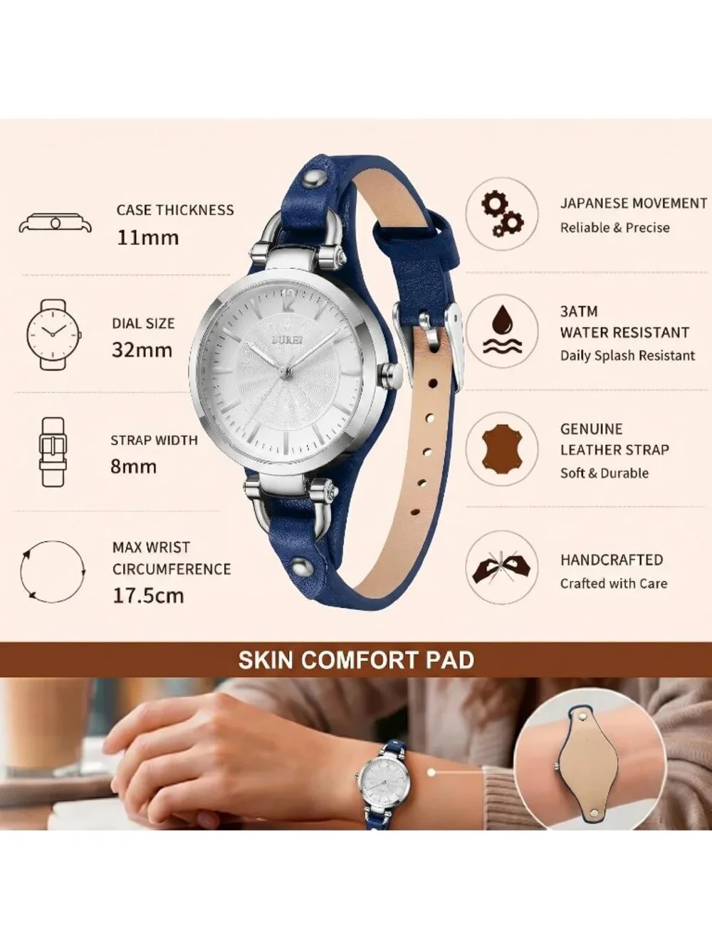 Women's Silver Black Simple Leather Strap Bracelet Band Analog Quartz Wristwatch